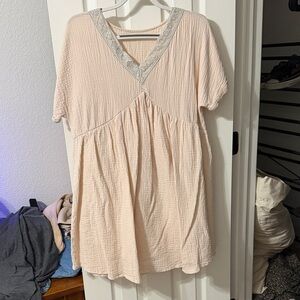 Cream/Pink V-Neck Short Sleeve Cotton Dress